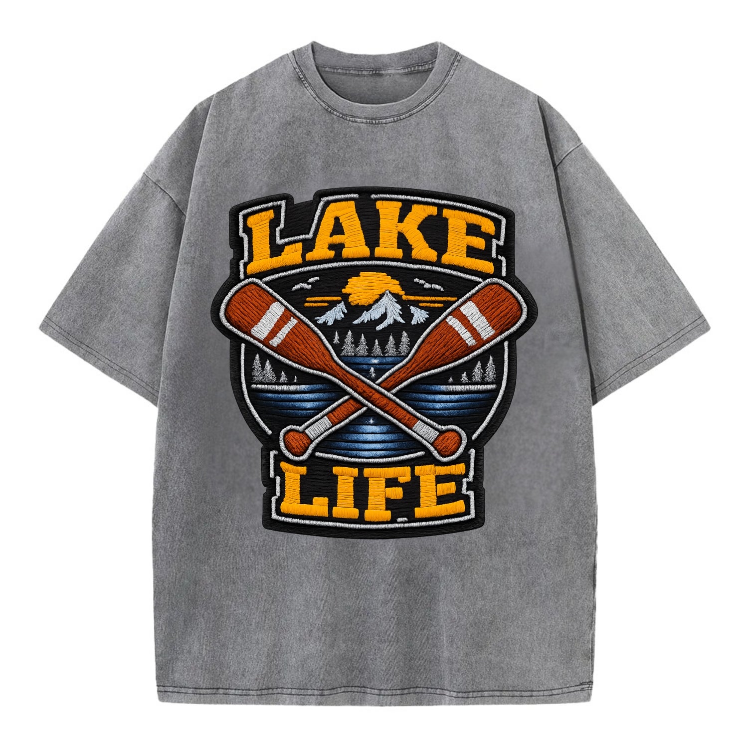 CANOE PADDLE - wooden paddle crossed in brown and cream , lake life - Vintage T-shirt - Grey