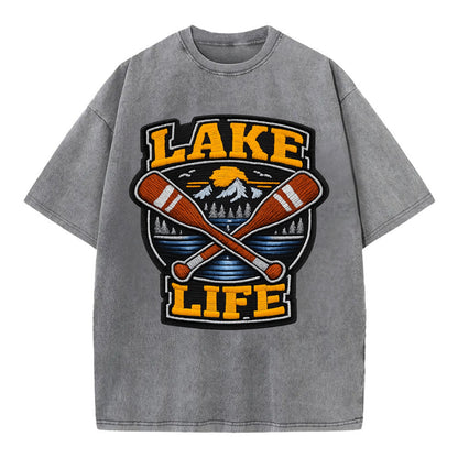 CANOE PADDLE - wooden paddle crossed in brown and cream , lake life - Vintage T-shirt - Grey