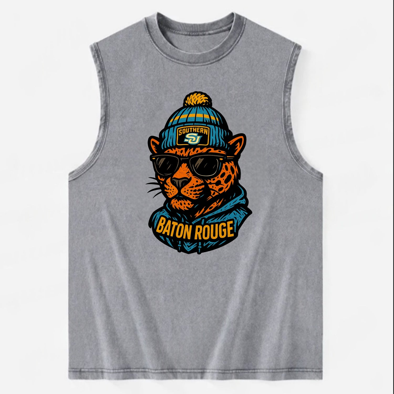 Baton Rouge Jaguar wearing Southern beanie with SU patch - Vintage Washed Tank - Grey
