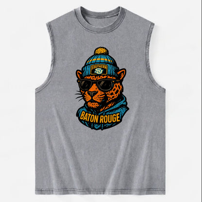 Baton Rouge Jaguar wearing Southern beanie with SU patch - Vintage Washed Tank - Grey