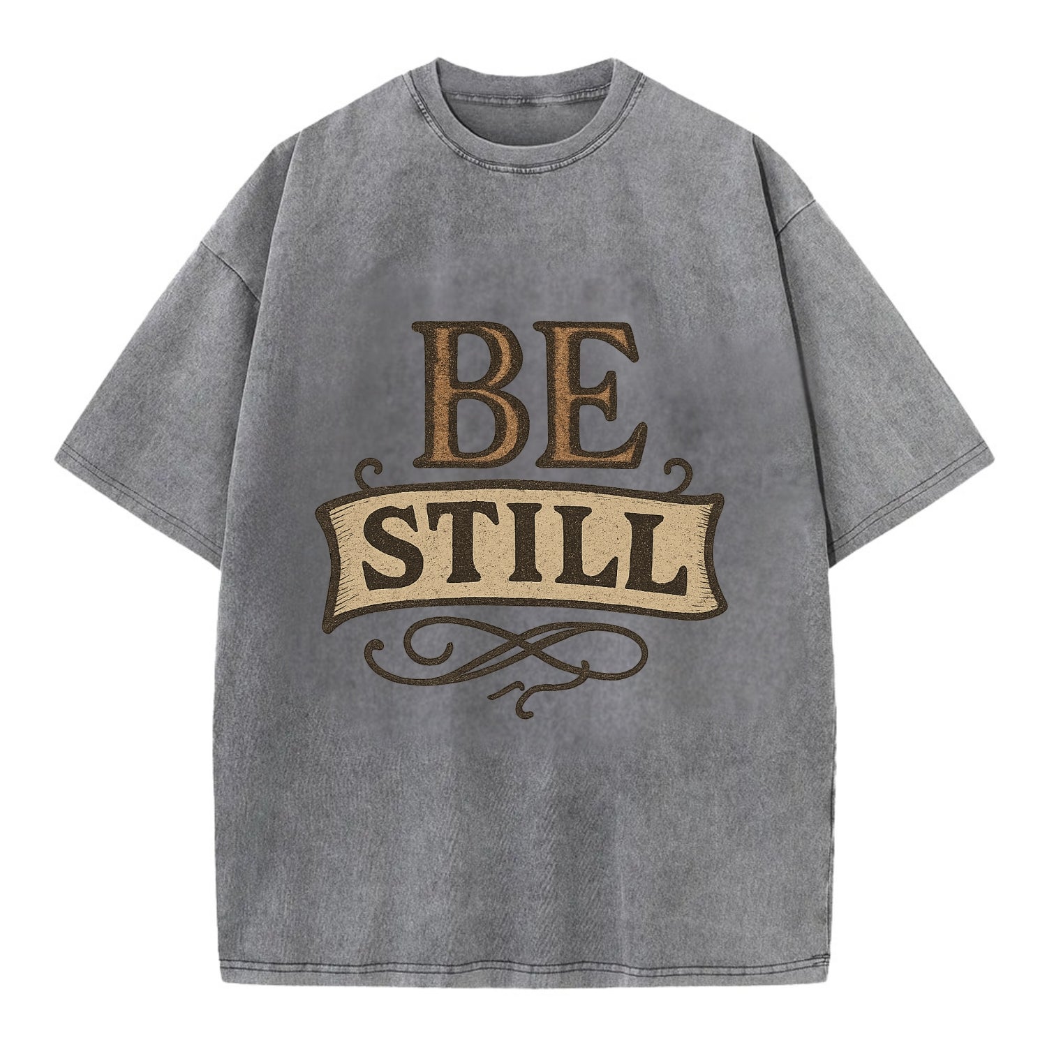 Bold typography design - "BE STILL" - quiet mind, meditation, inner peace - Vintage T-shirt - Grey