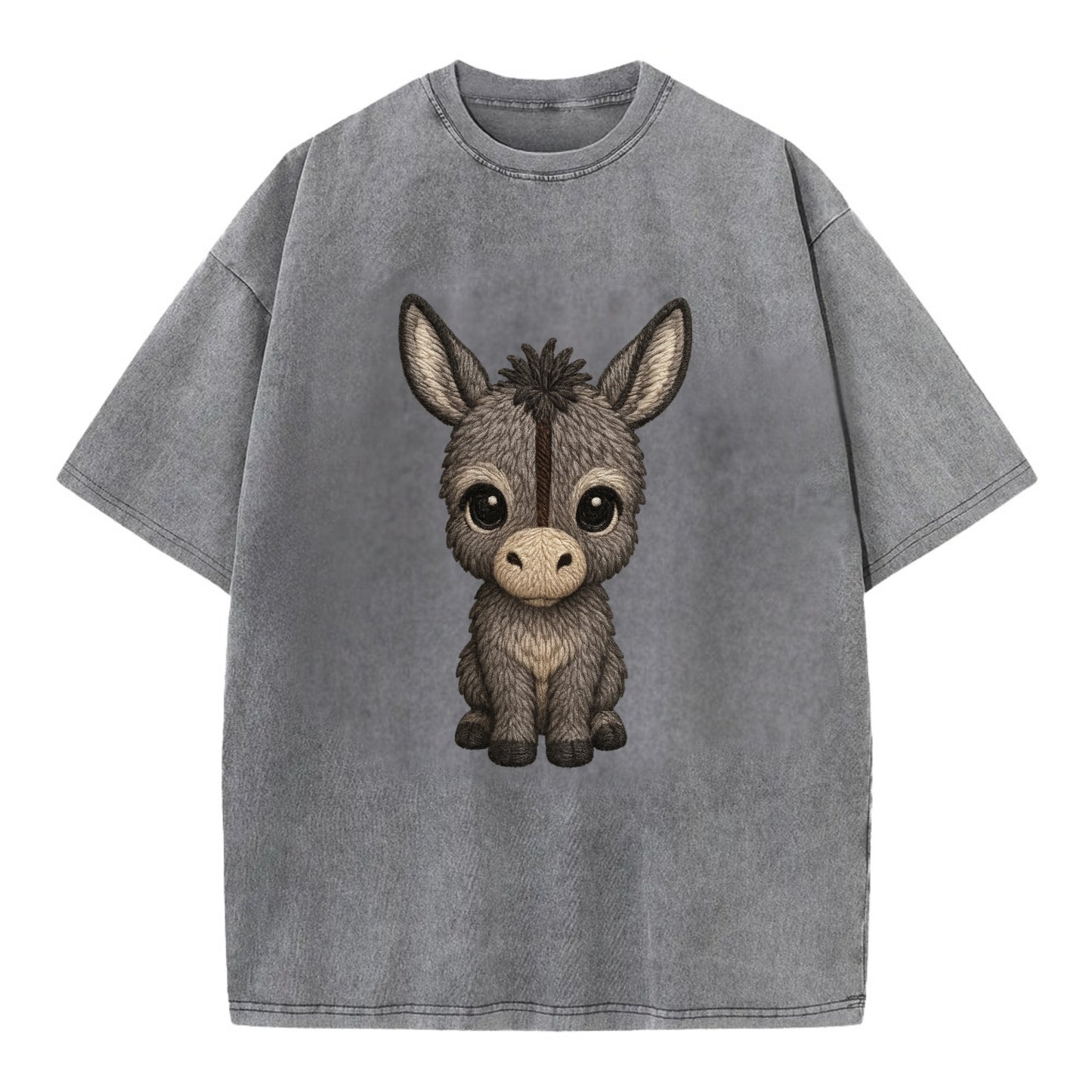 Baby Donkey Foal - gray fluffy, long ears, dark stripe, gentle eyes, - Vintage T-shirt - Grey