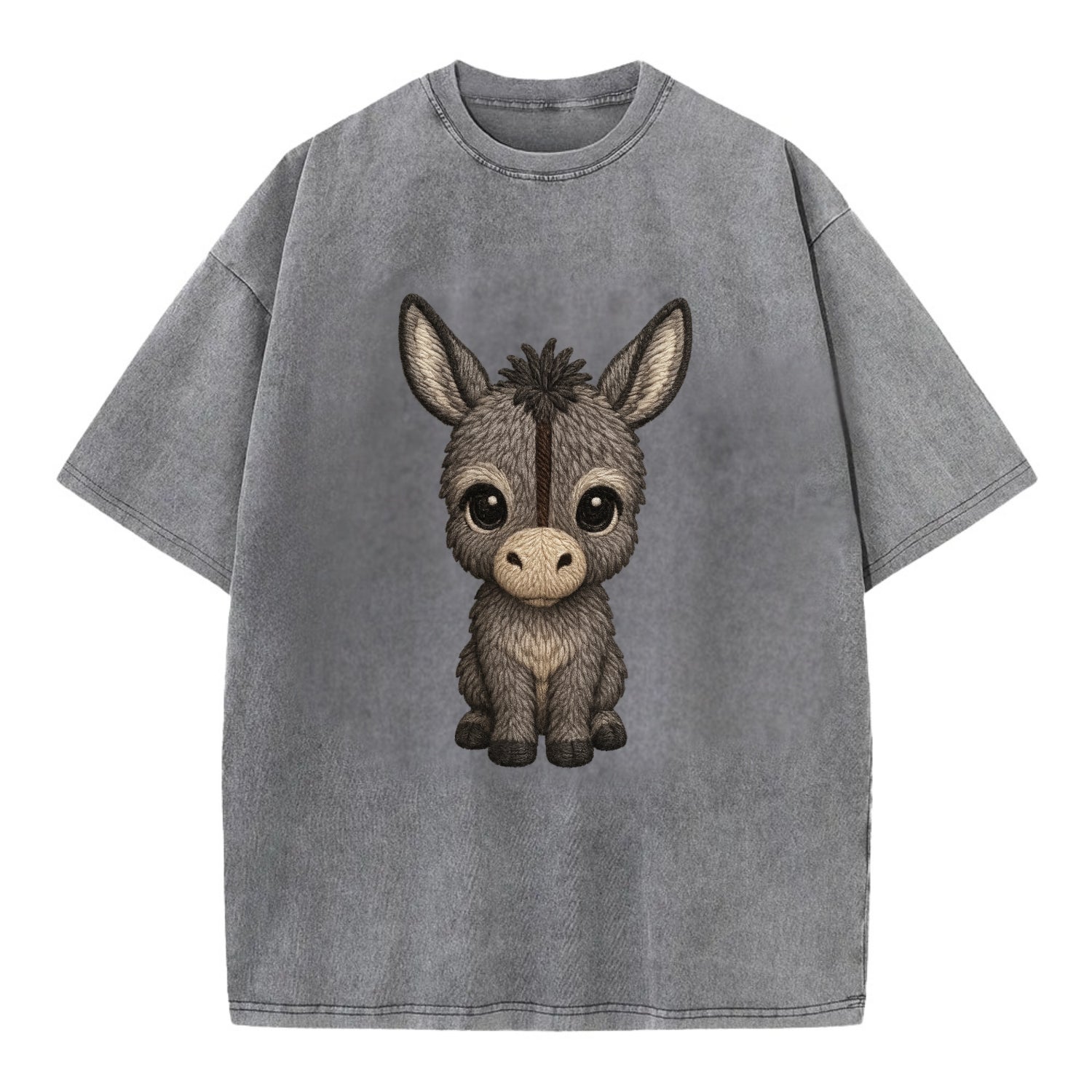 Baby Donkey Foal - gray fluffy, long ears, dark stripe, gentle eyes, - Vintage T-shirt - Grey