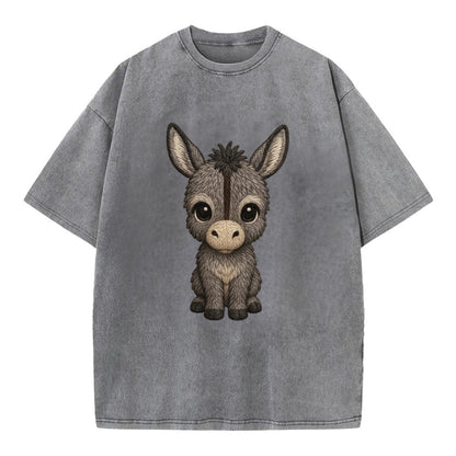 Baby Donkey Foal - gray fluffy, long ears, dark stripe, gentle eyes, - Vintage T-shirt - Grey