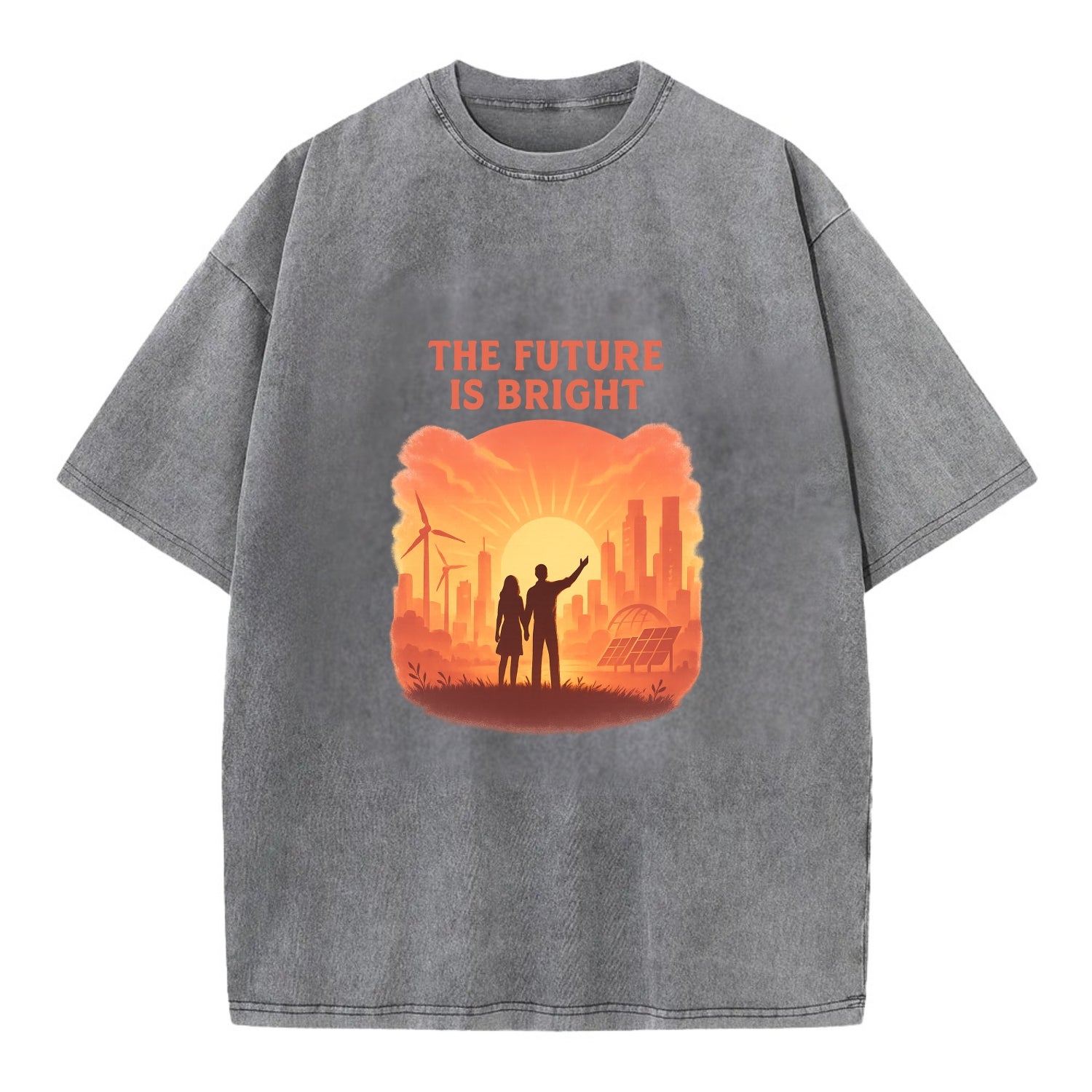 Sunrise over thriving sustainable city - "The Future is Bright" - optimistic - Vintage T-shirt - Grey