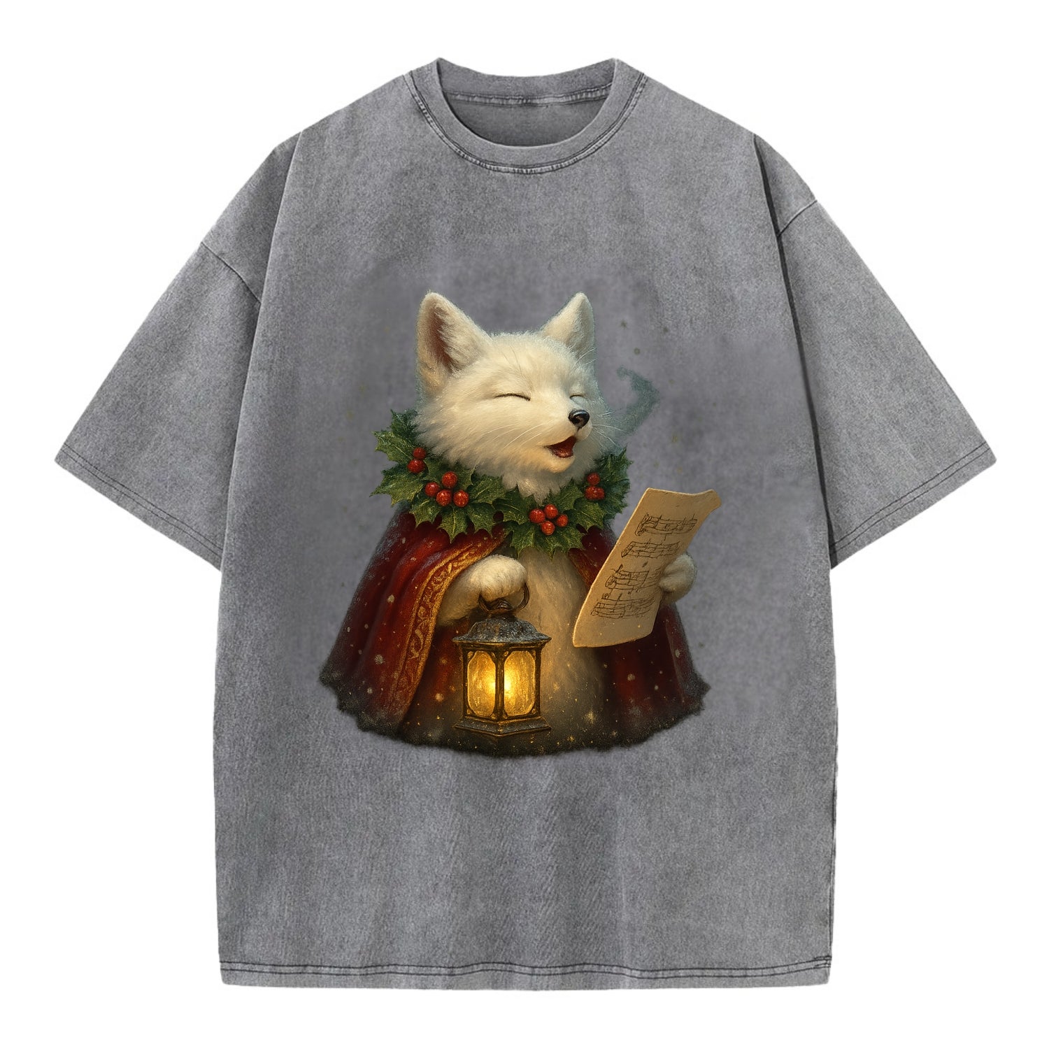 Snowbound Arctic Fox Caroler  - Vintage T-shirt - Grey