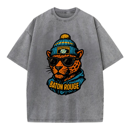 Baton Rouge Jaguar wearing Southern beanie with SU patch - Vintage T-shirt - Grey