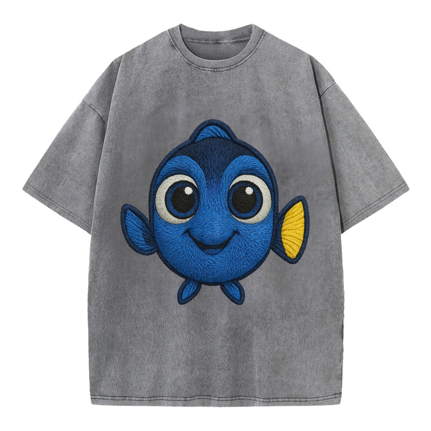 Baby Blue Tang - bright blue with yellow tail, big eyes, front-facing, Dory-style - Vintage T-shirt - Grey