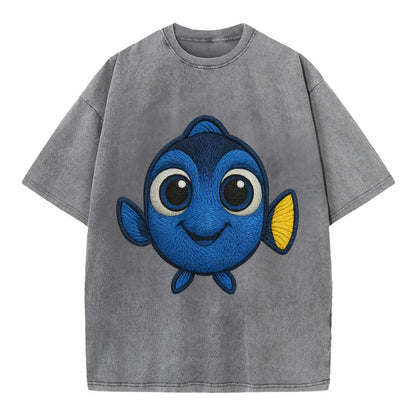Baby Blue Tang - bright blue with yellow tail, big eyes, front-facing, Dory-style - Vintage T-shirt - Grey