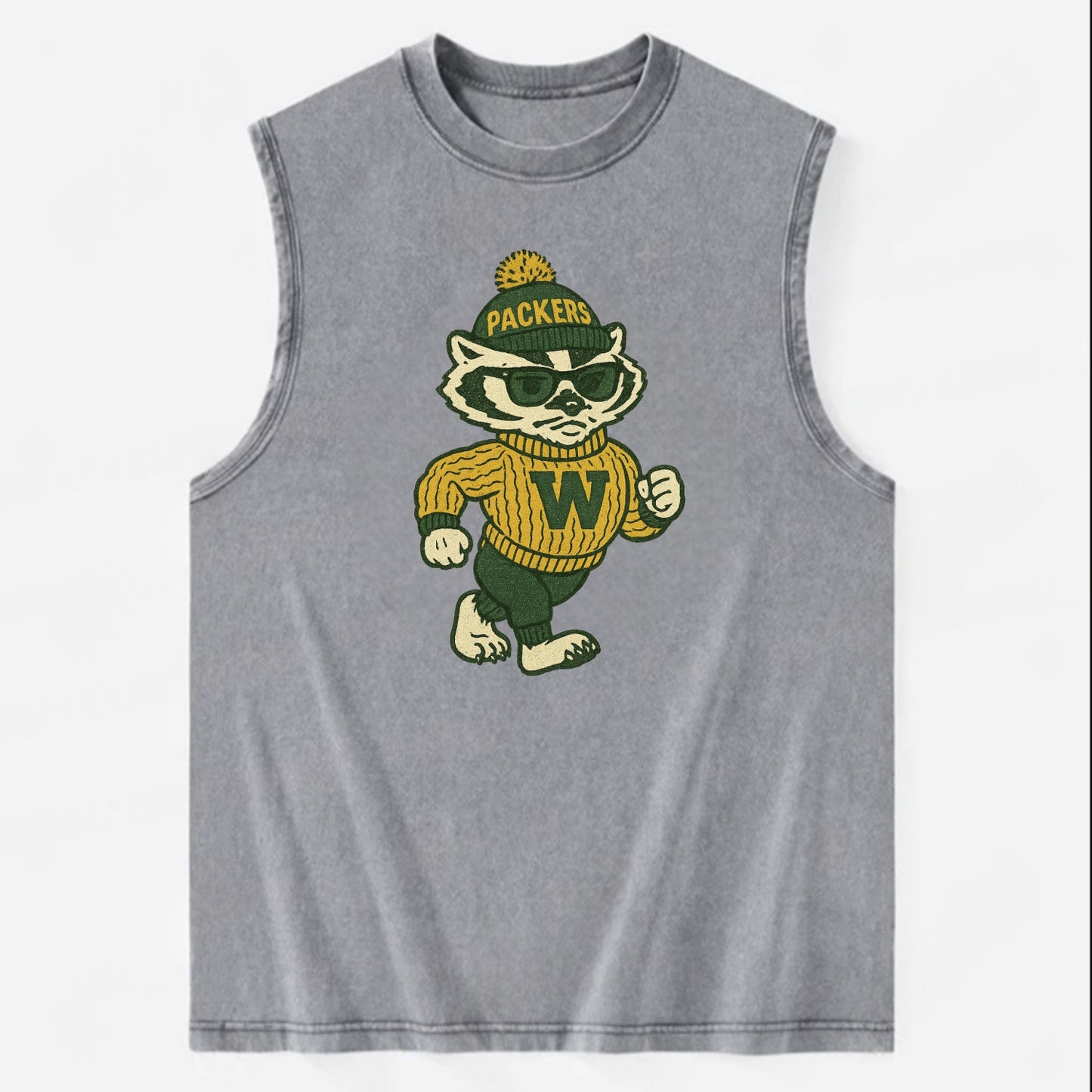 Wisconsin Badger wearing Packers green and gold beanie with pom pom and - Vintage Washed Tank - Grey