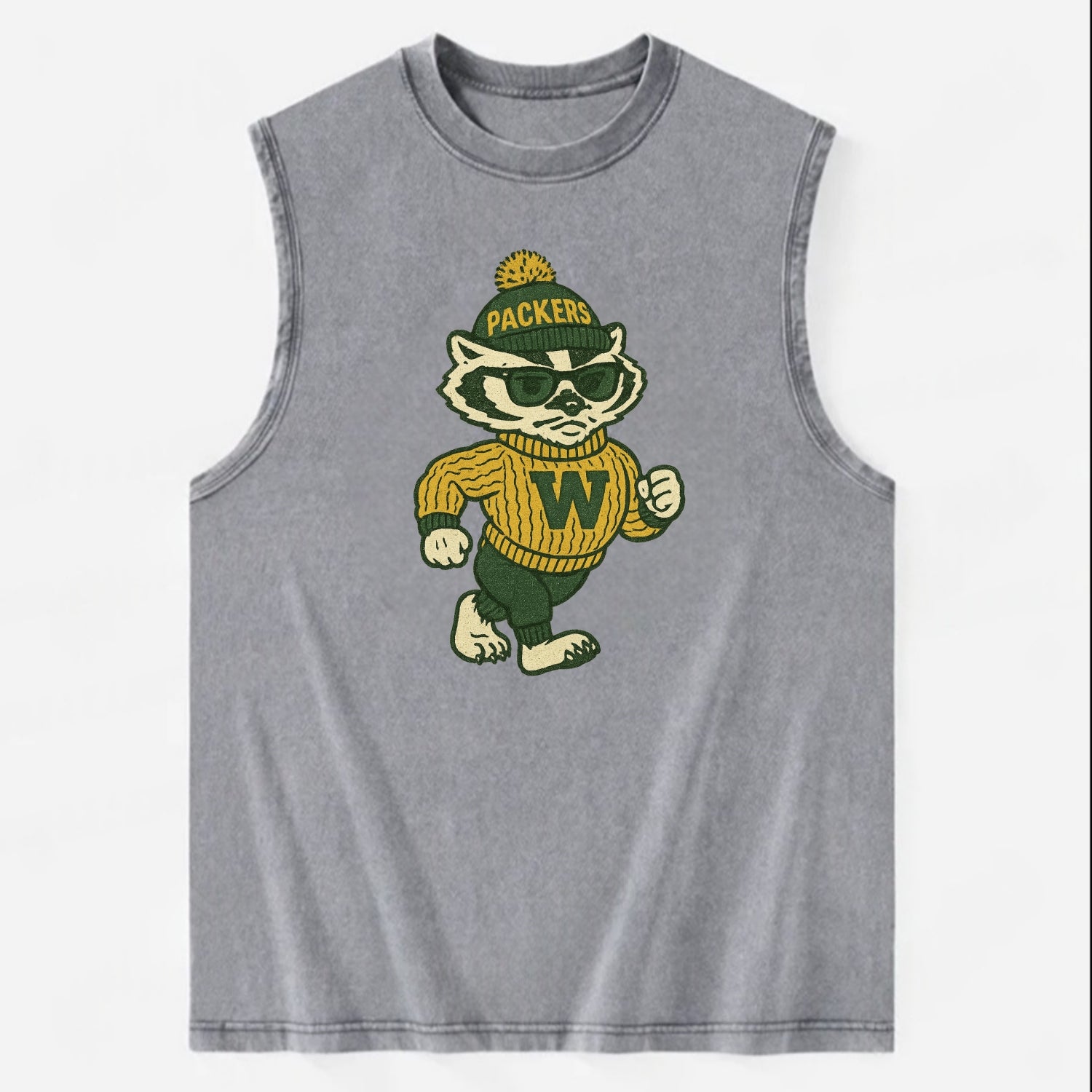 Wisconsin Badger wearing Packers green and gold beanie with pom pom and - Vintage Washed Tank - Grey