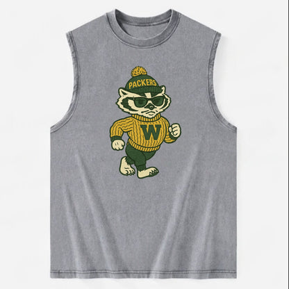 Wisconsin Badger wearing Packers green and gold beanie with pom pom and - Vintage Washed Tank - Grey