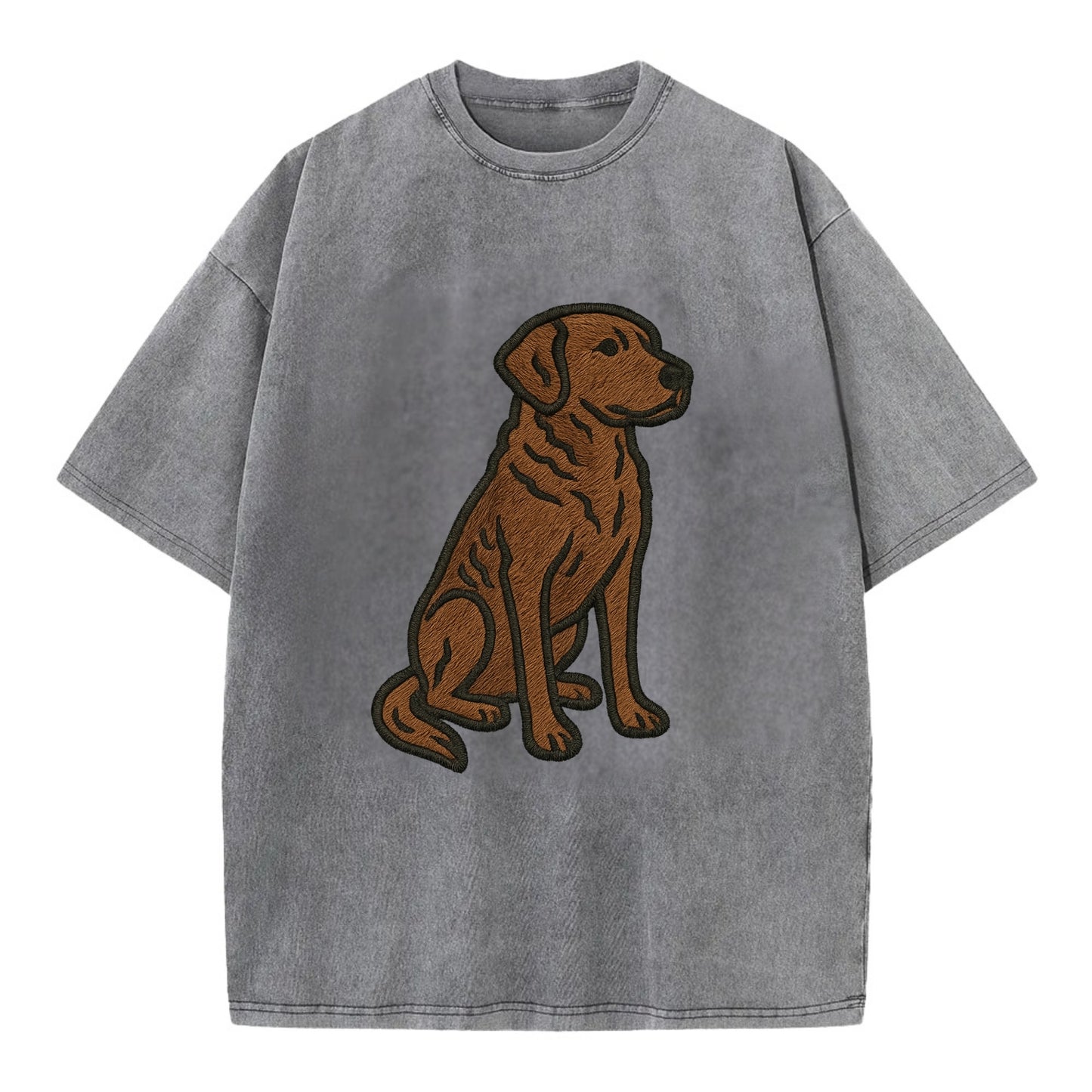 Chesapeake Bay Retriever - Brown wavy coat embroidered sitting pose - Vintage T-shirt - Grey