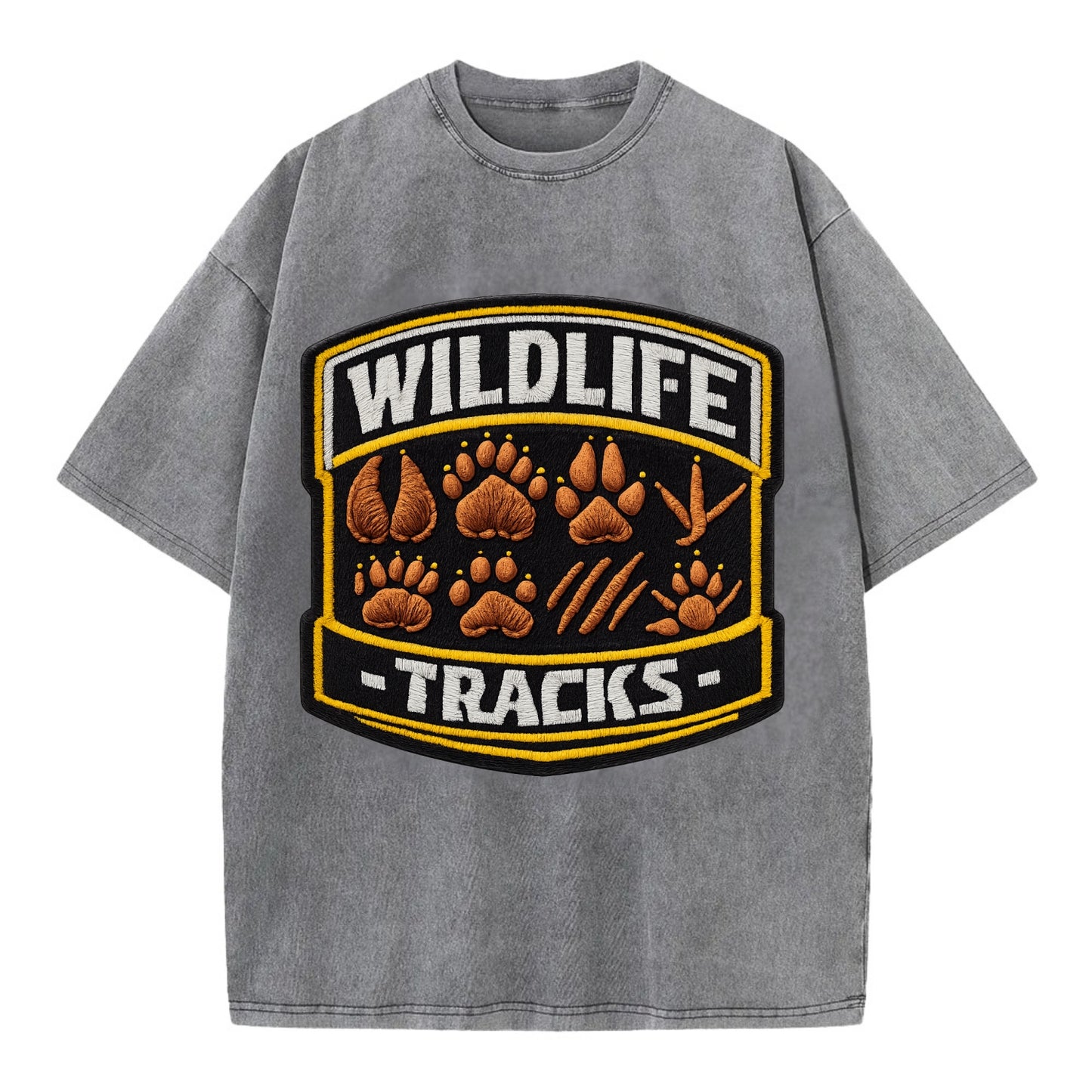 WILDLIFE TRACKS - animal footprints in brown , tracker - Vintage T-shirt - Grey