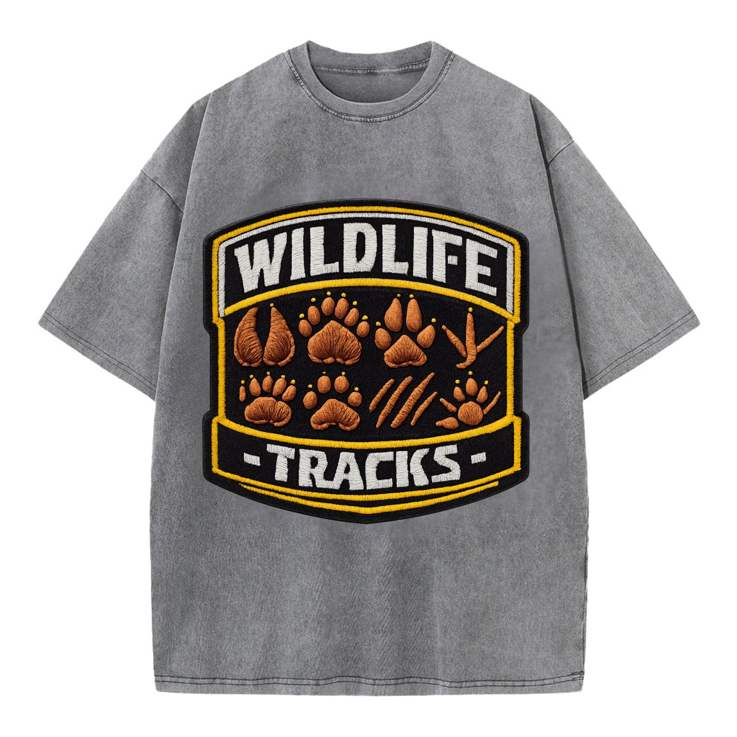 WILDLIFE TRACKS - animal footprints in brown , tracker - Vintage T-shirt - Grey