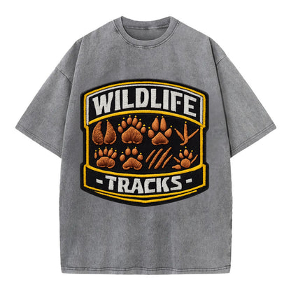 WILDLIFE TRACKS - animal footprints in brown , tracker - Vintage T-shirt - Grey