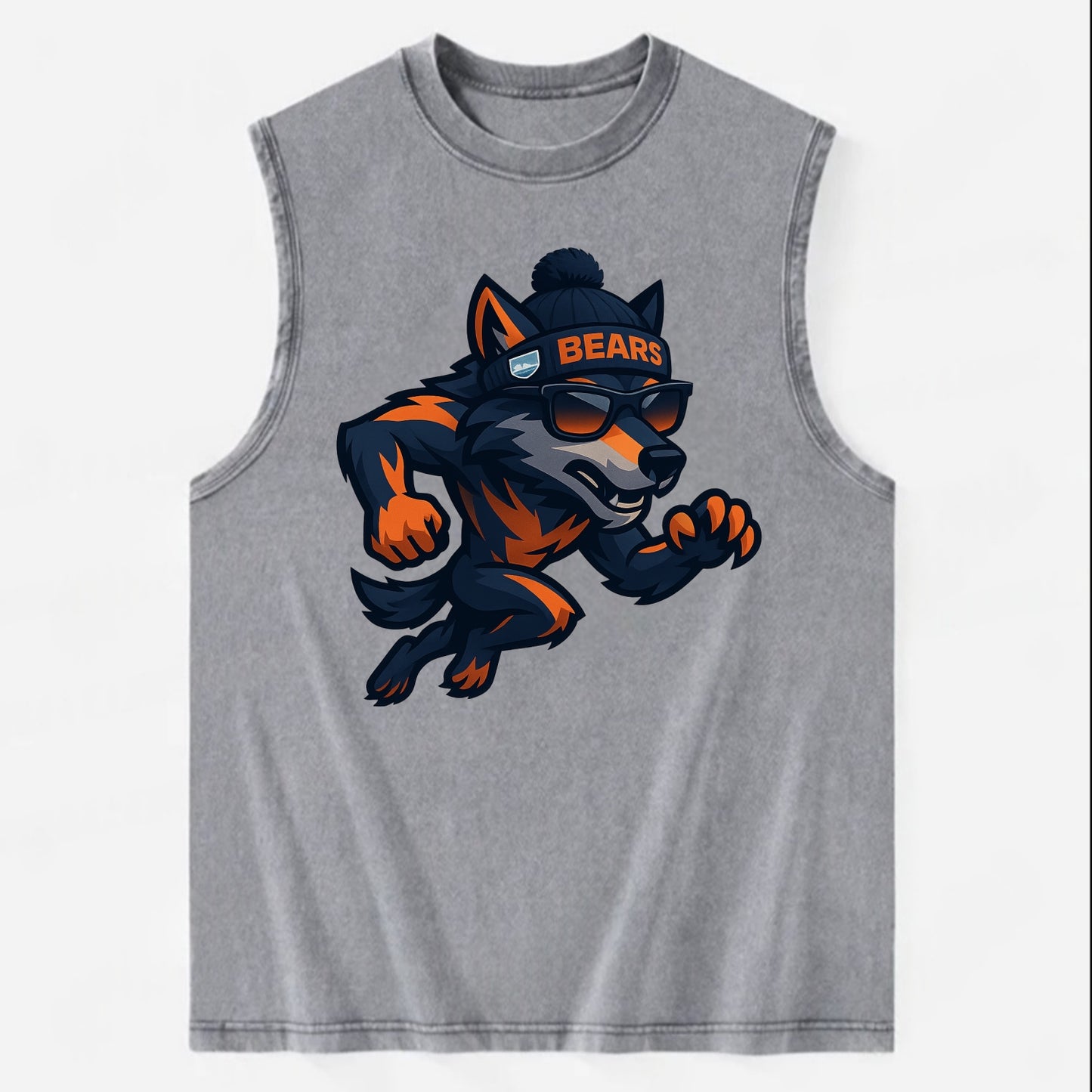 Chicago Wolf wearing Bears beanie with Lake Michigan patch and wayfarer - Vintage Washed Tank - Grey
