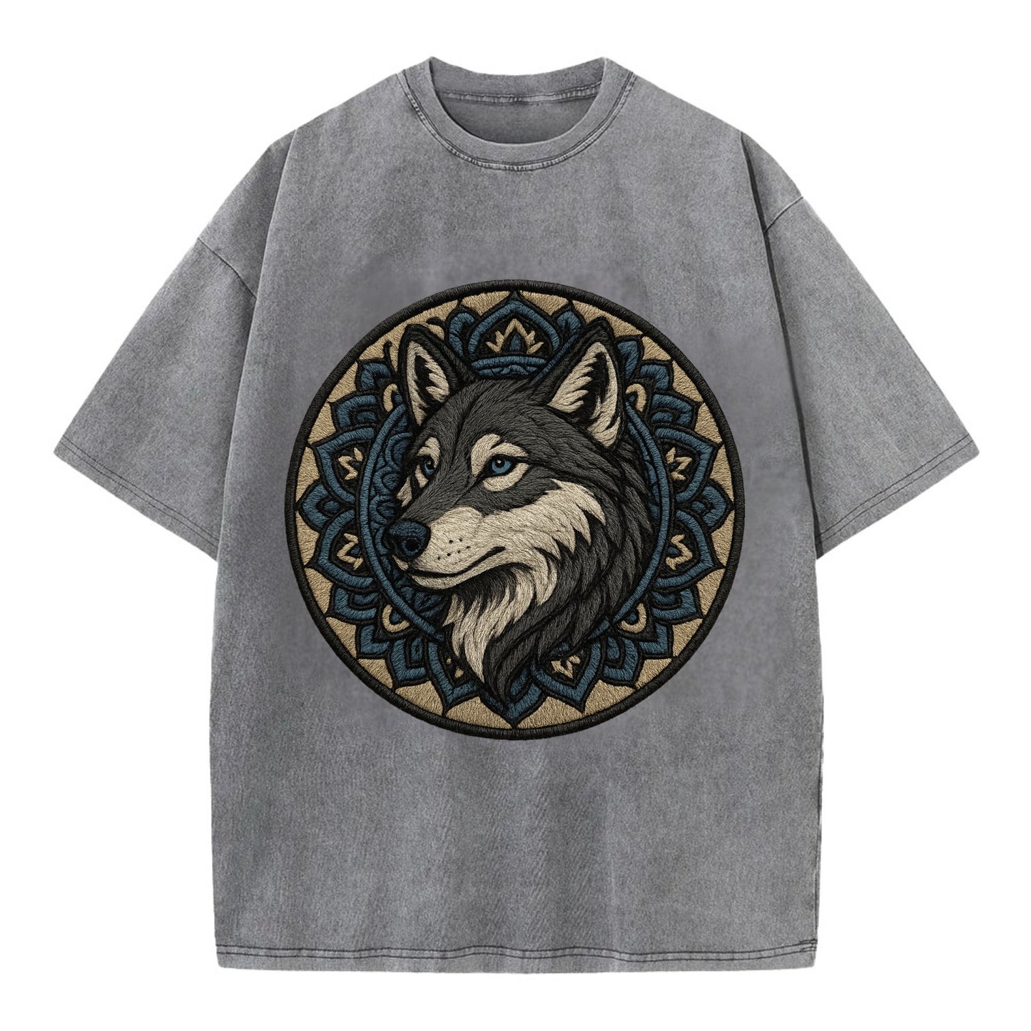 Mandala Wolf Pattern  - Vintage T-shirt - Grey