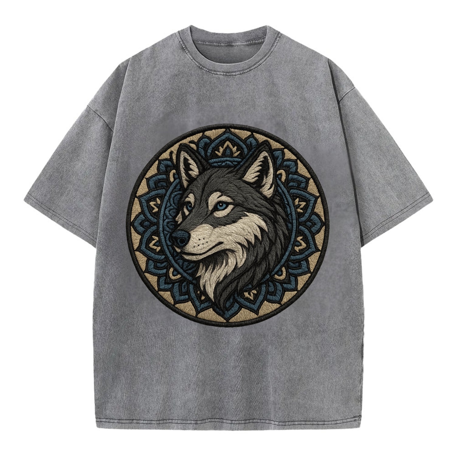 Mandala Wolf Pattern  - Vintage T-shirt - Grey