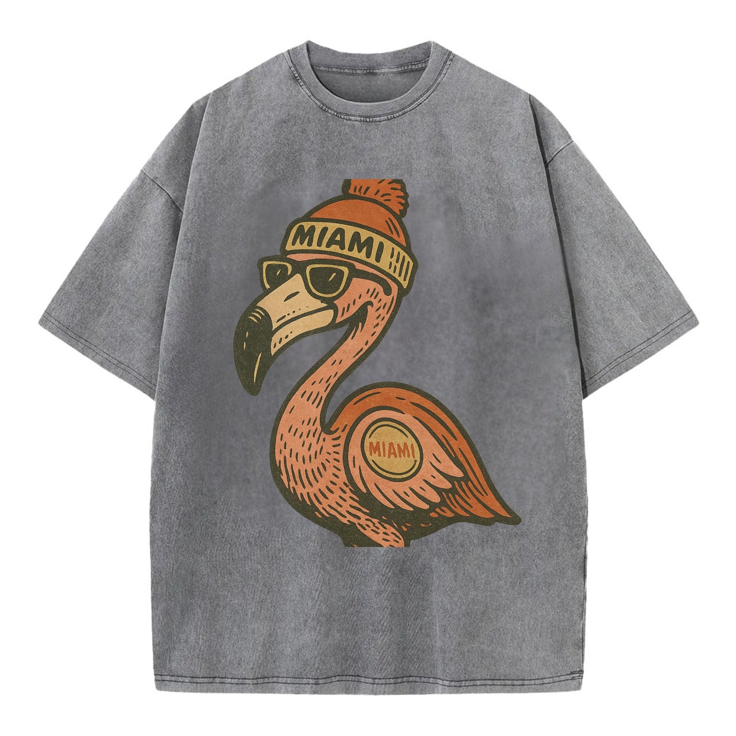 Miami Flamingo wearing Miami beanie with pom pom and wayfarer sunglasses - Vintage T-shirt - Grey