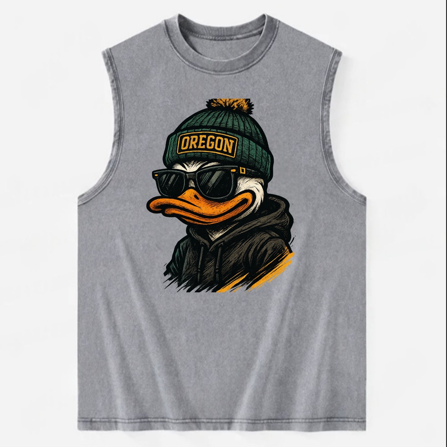 Eugene Duck wearing Oregon beanie with O patch - Vintage Washed Tank - Grey