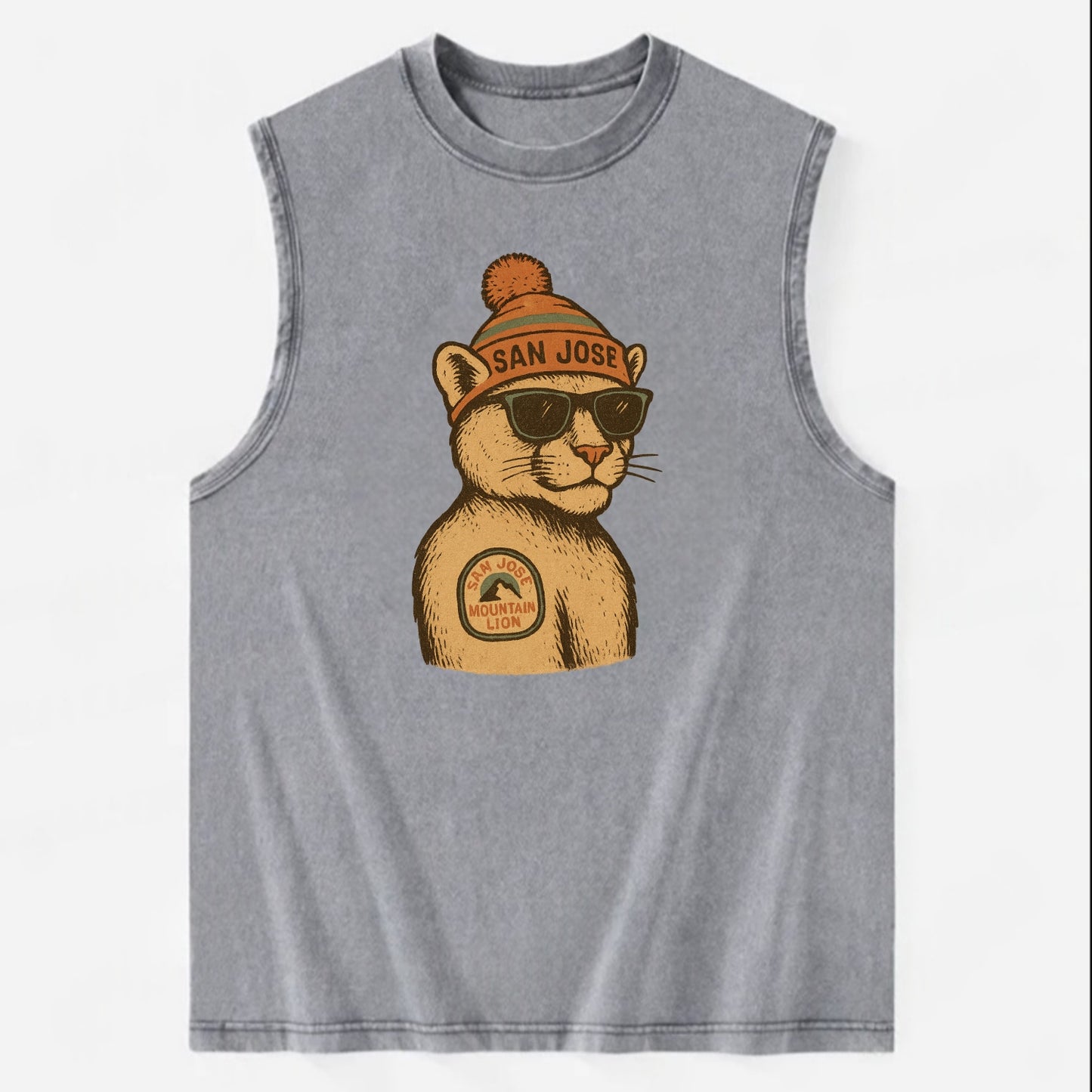 San Jose Mountain Lion wearing San Jose beanie with pom pom and wayfarer - Vintage Washed Tank - Grey