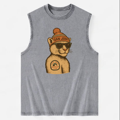 San Jose Mountain Lion wearing San Jose beanie with pom pom and wayfarer - Vintage Washed Tank - Grey
