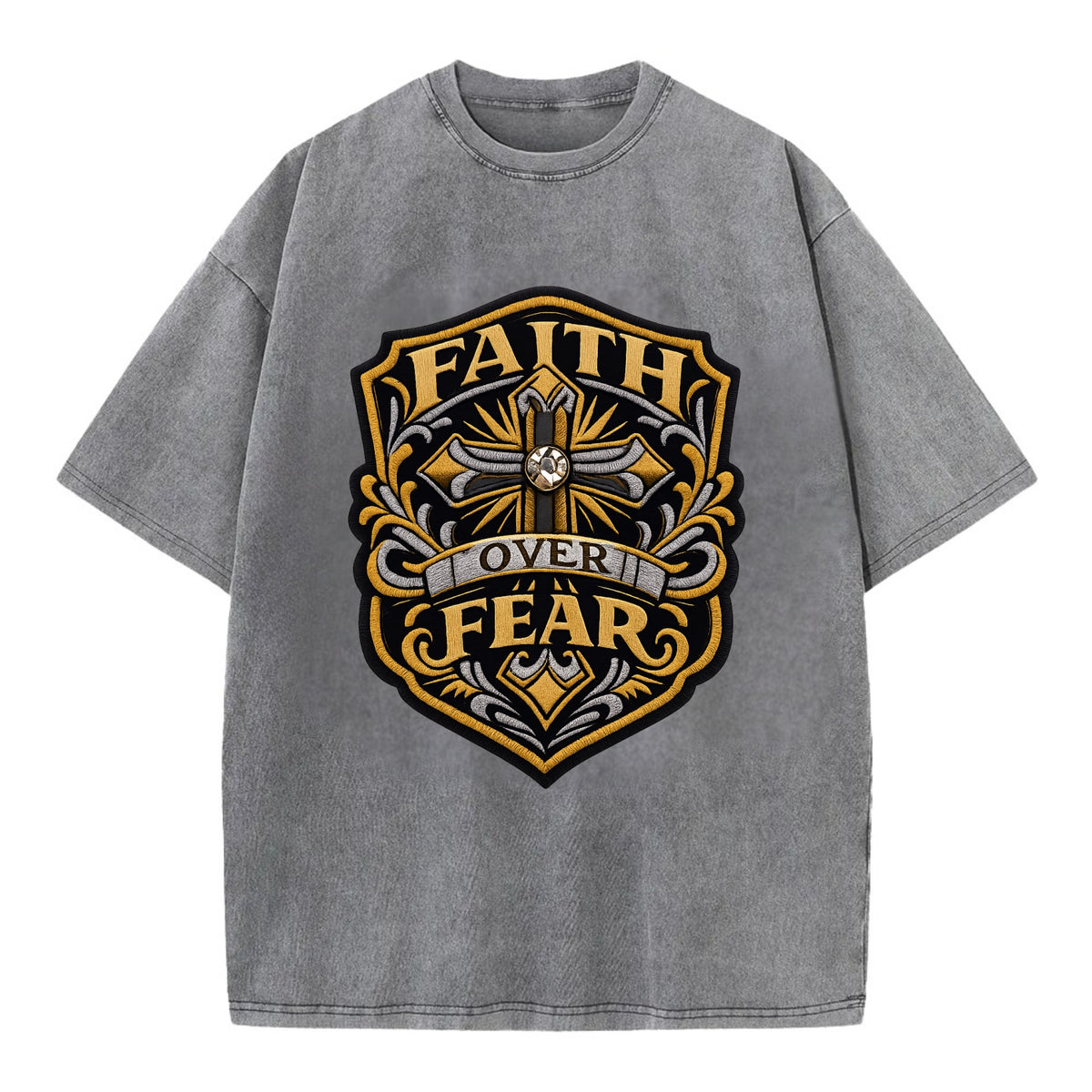 FAITH OVER FEAR - cross with text in gold , spiritual strength - Vintage T-shirt - Grey