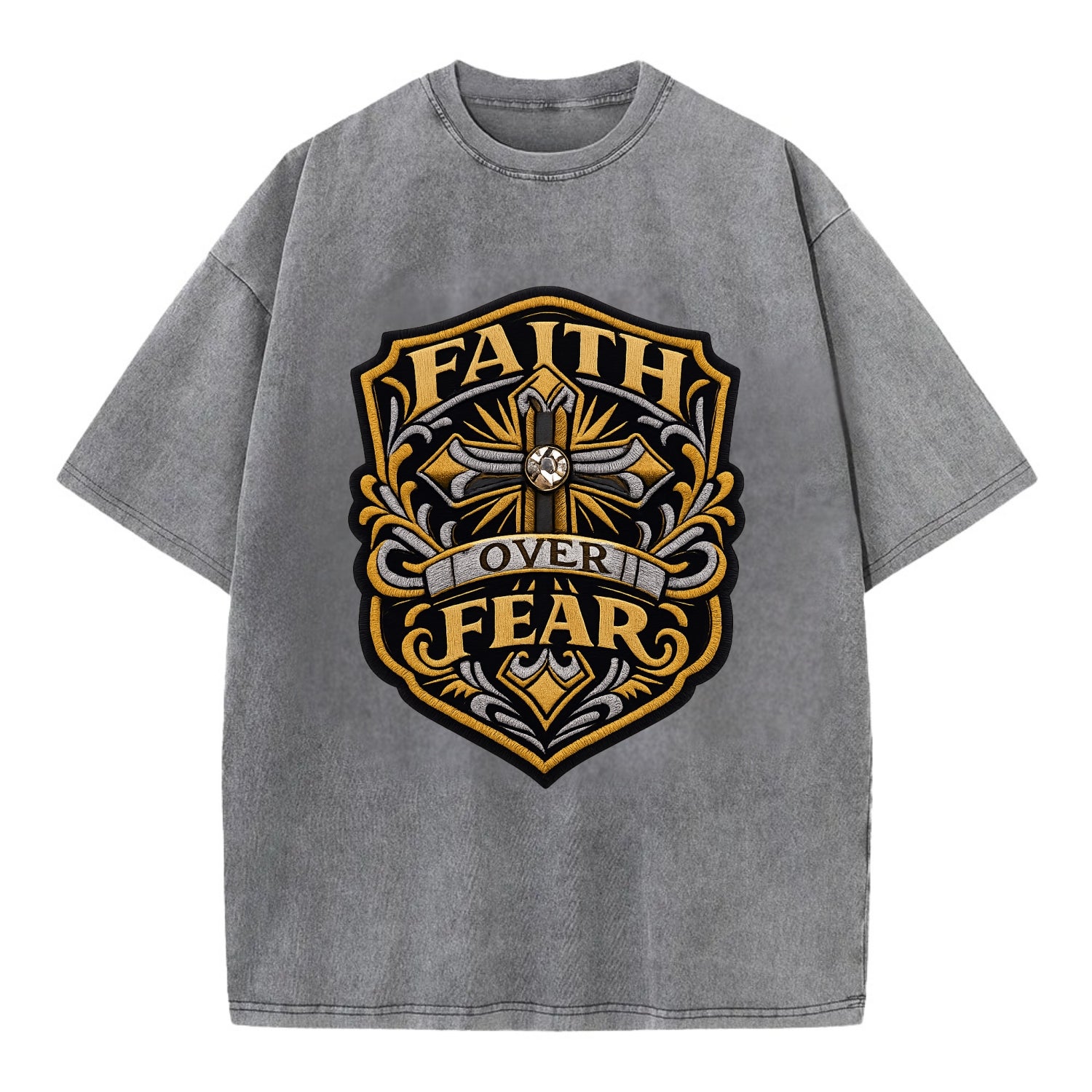 FAITH OVER FEAR - cross with text in gold , spiritual strength - Vintage T-shirt - Grey