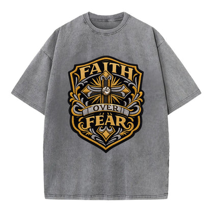 FAITH OVER FEAR - cross with text in gold , spiritual strength - Vintage T-shirt - Grey