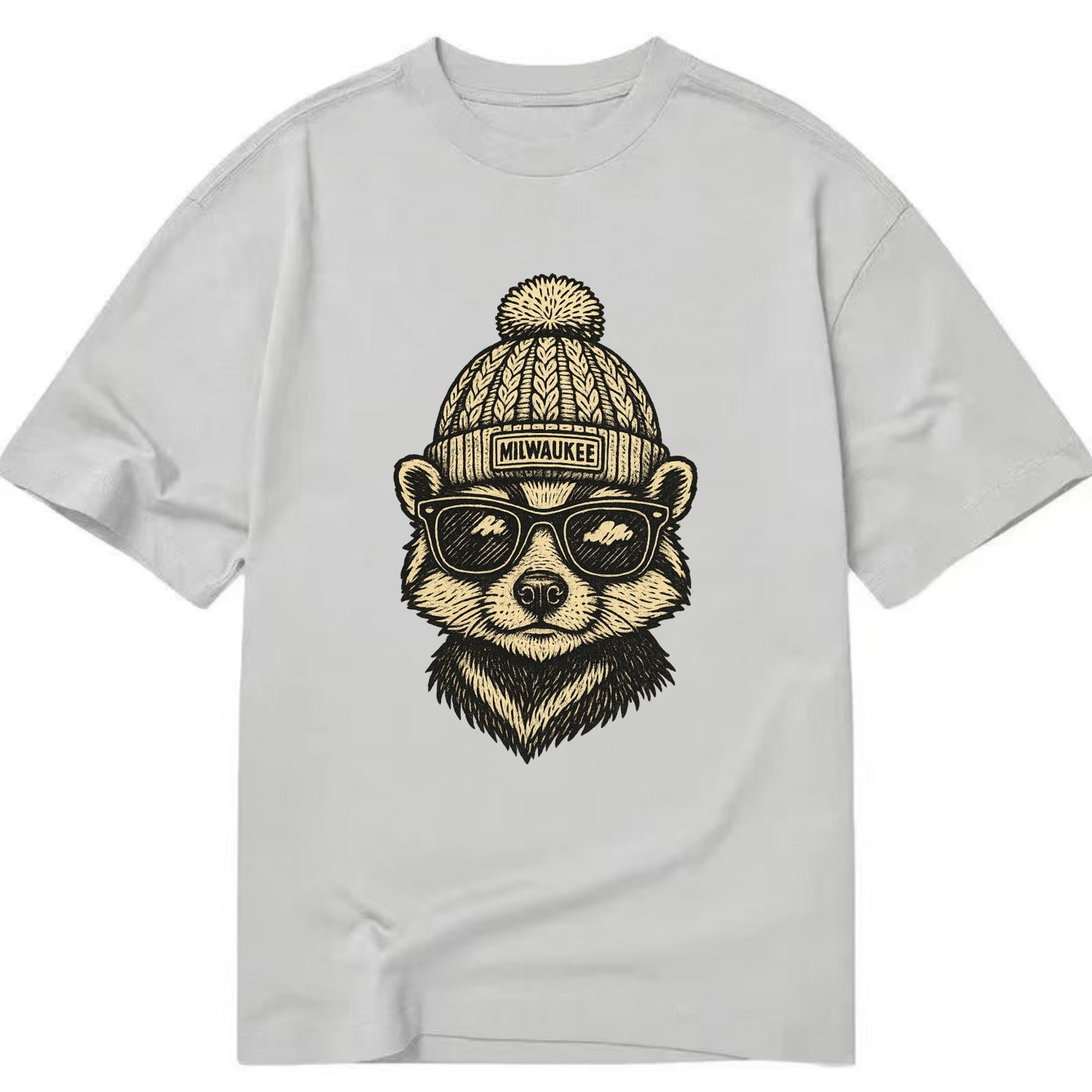 Wisconsin Badger wearing Milwaukee beanie with pom pom and wayfarer sunglasses - Classic T-shirt - Grey