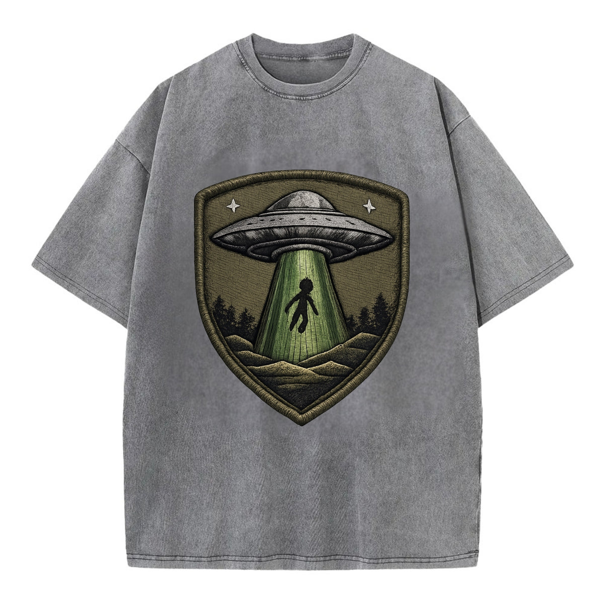 UFO ALIEN - flying saucer with beam in silver and green , extraterrestrial - Vintage T-shirt - Grey