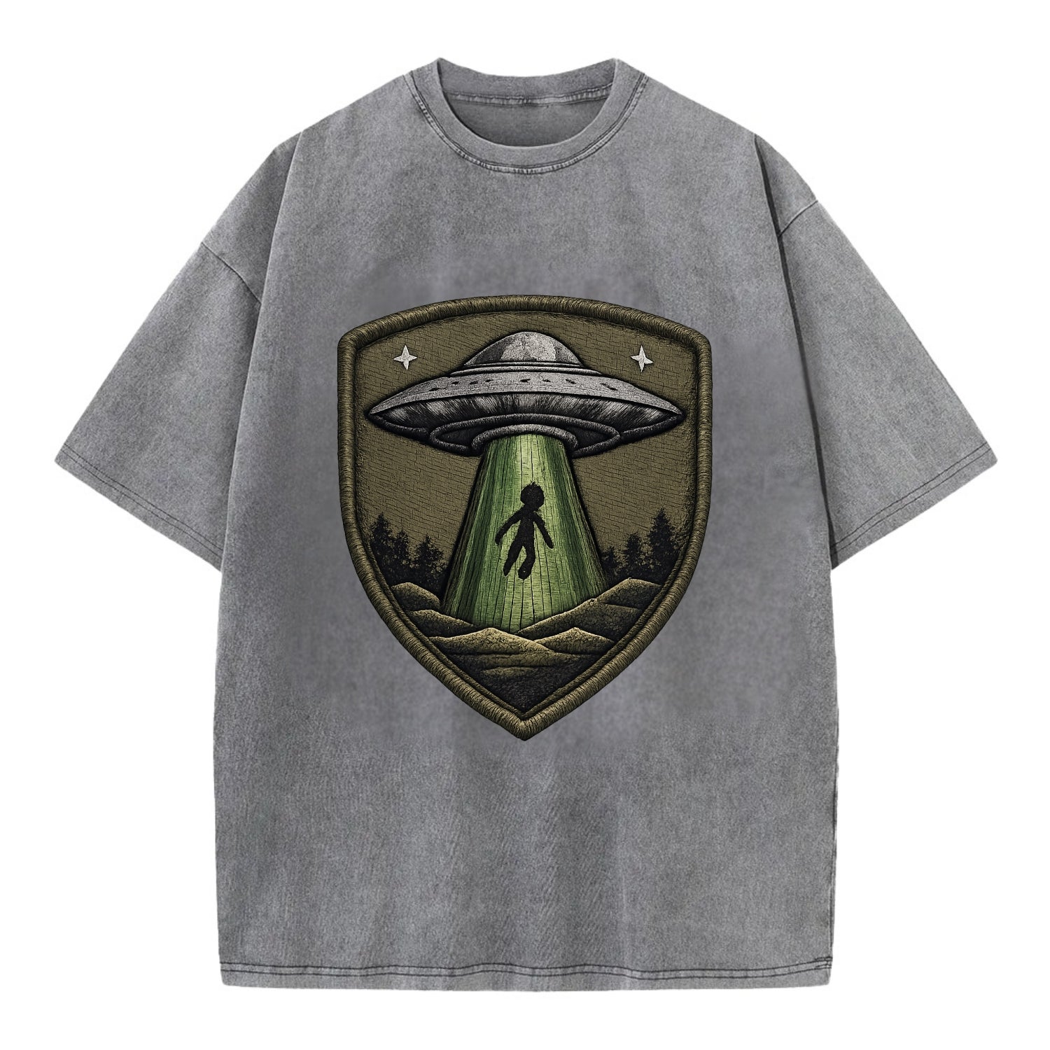 UFO ALIEN - flying saucer with beam in silver and green , extraterrestrial - Vintage T-shirt - Grey