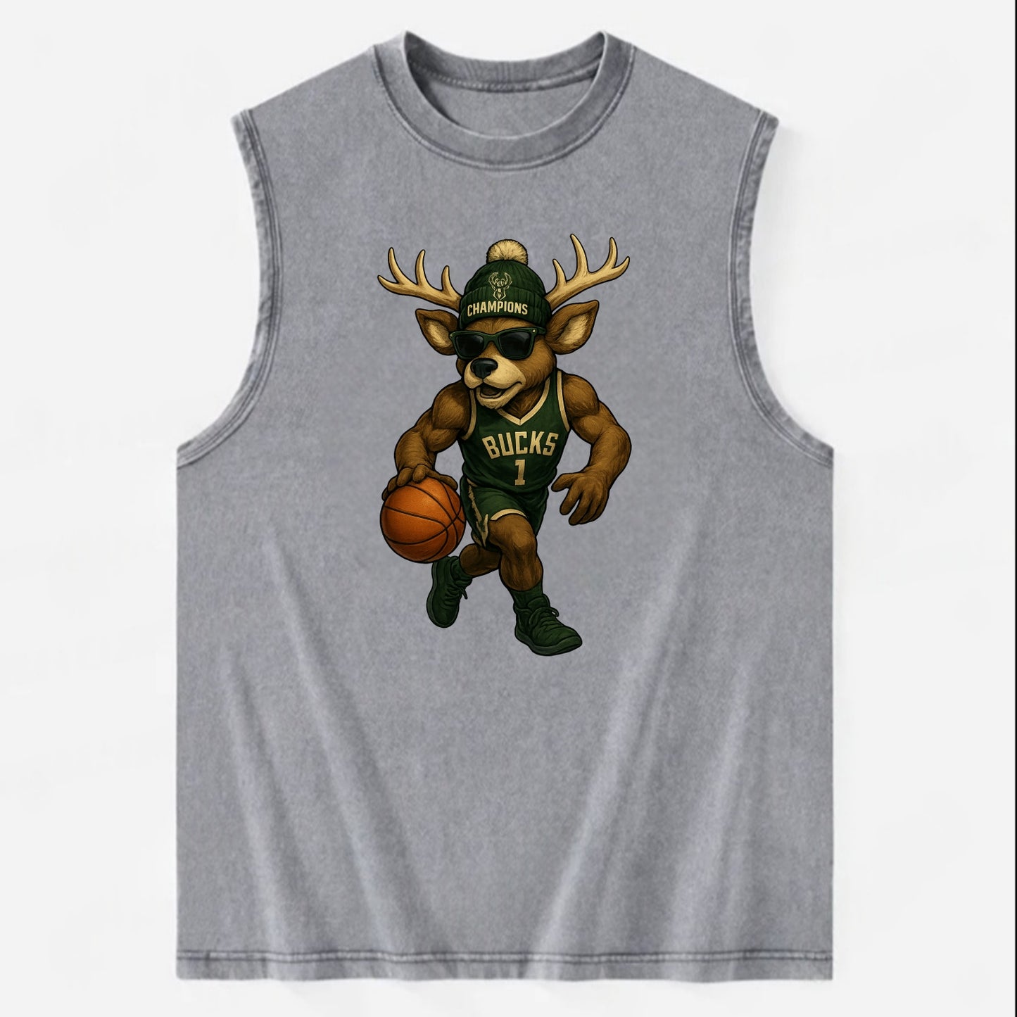 Milwaukee Buck Deer wearing Bucks green and cream beanie with antlers and - Vintage Washed Tank - Grey