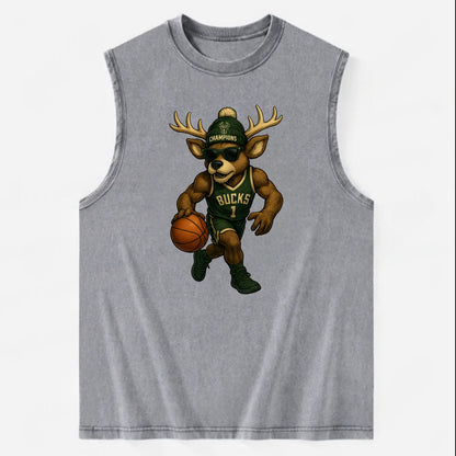 Milwaukee Buck Deer wearing Bucks green and cream beanie with antlers and - Vintage Washed Tank - Grey
