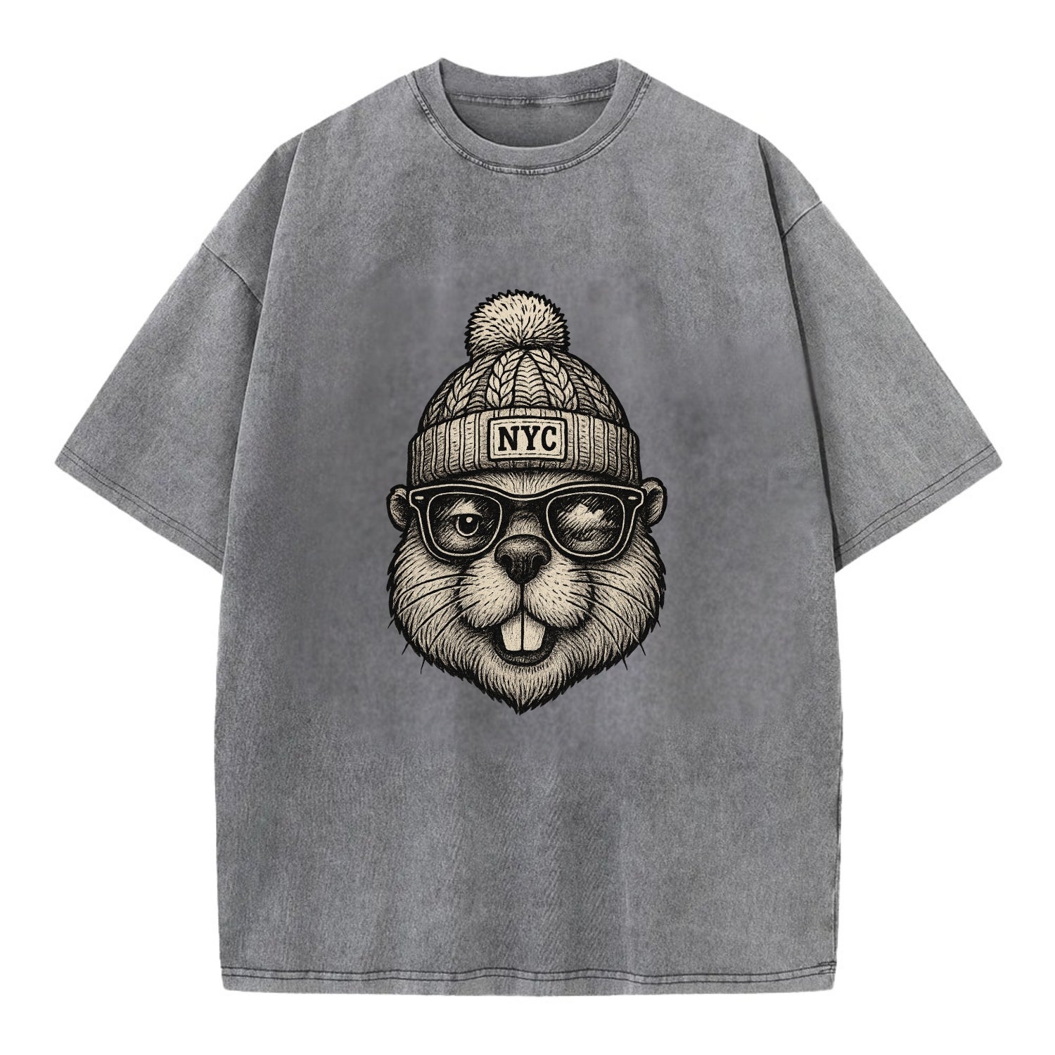 New York Beaver wearing NYC beanie with pom pom and wayfarer sunglasses - Vintage T-shirt - Grey