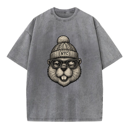 New York Beaver wearing NYC beanie with pom pom and wayfarer sunglasses - Vintage T-shirt - Grey
