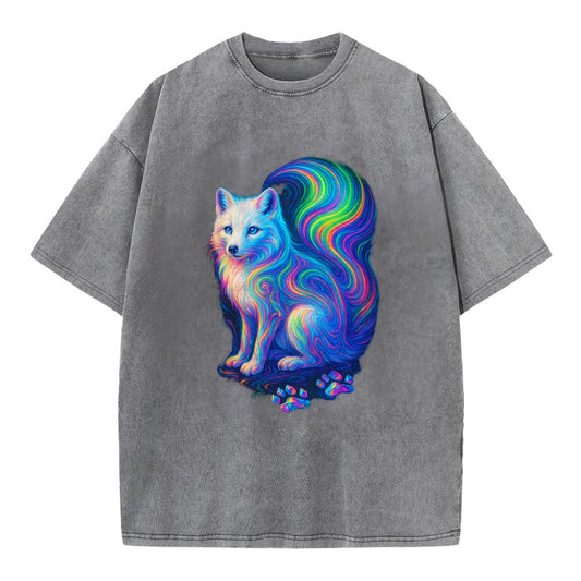 Graceful arctic fox with tail streaming aurora colors, white fur with prismatic - Vintage T-shirt - Grey