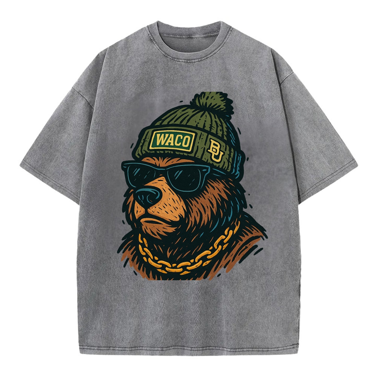Waco Bear wearing Baylor beanie with BU patch - Vintage T-shirt - Grey