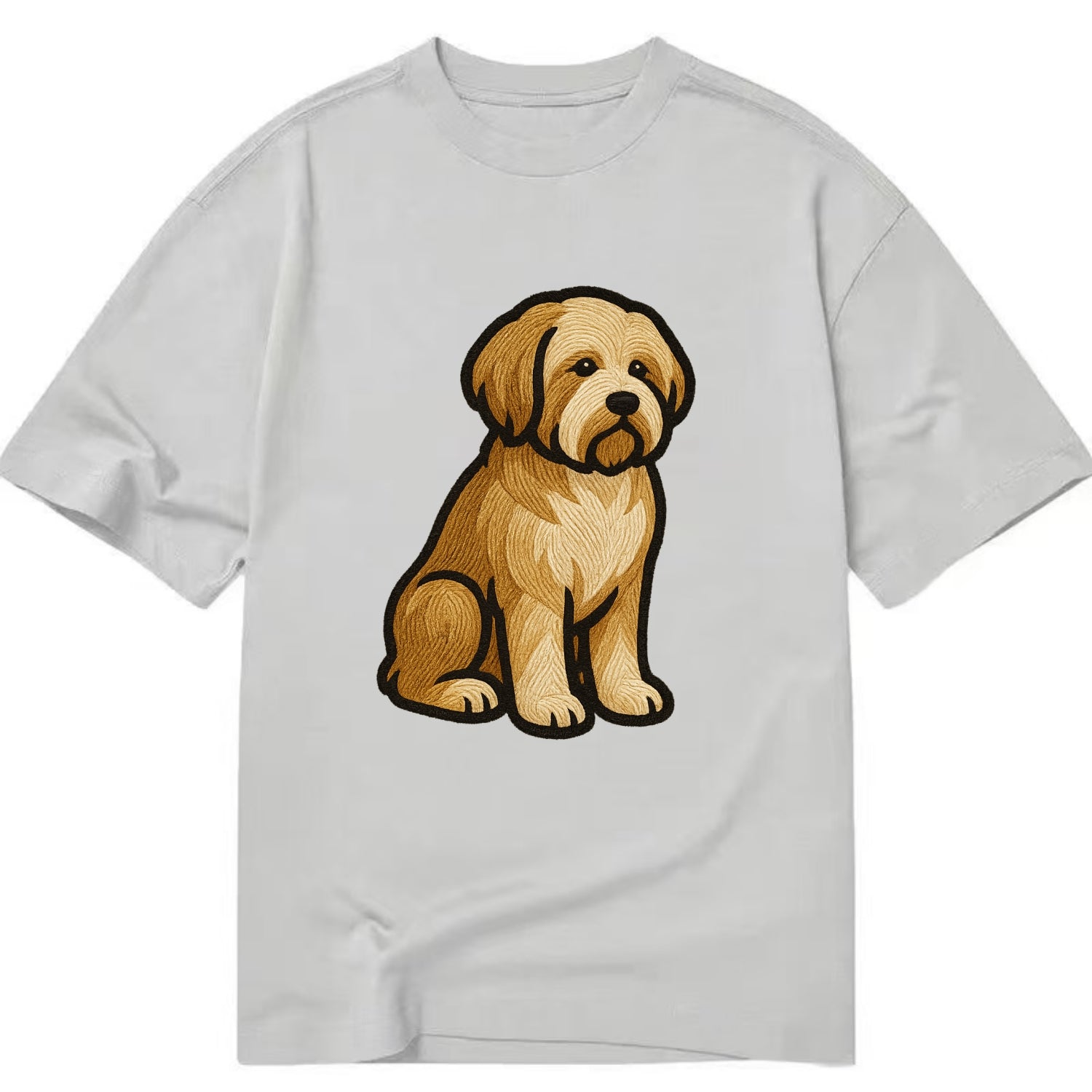 Tibetan Terrier - Gold and white embroidered sitting pose - Classic T-shirt - Grey