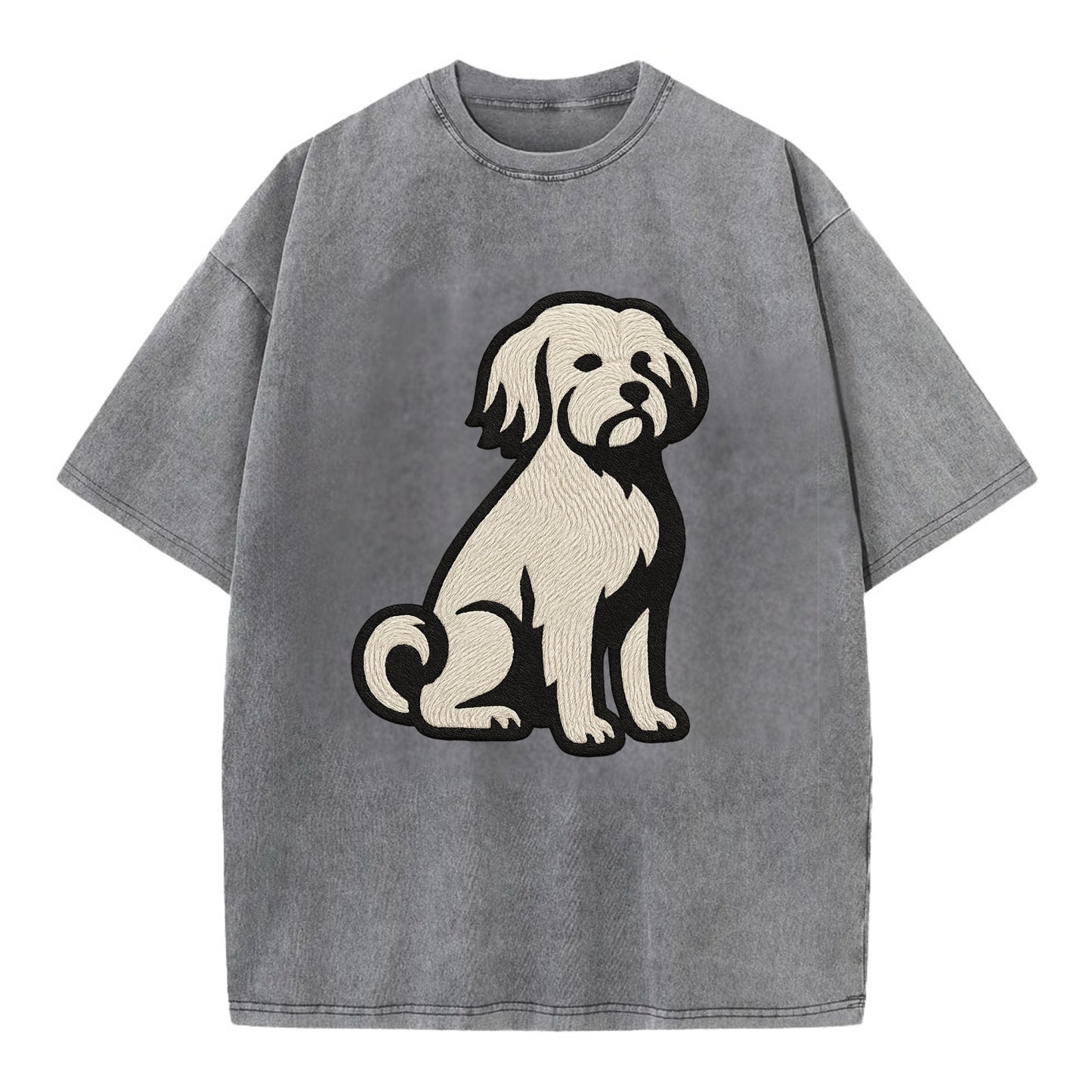 Löwchen - Little Lion Dog white embroide - Vintage T-shirt - Grey