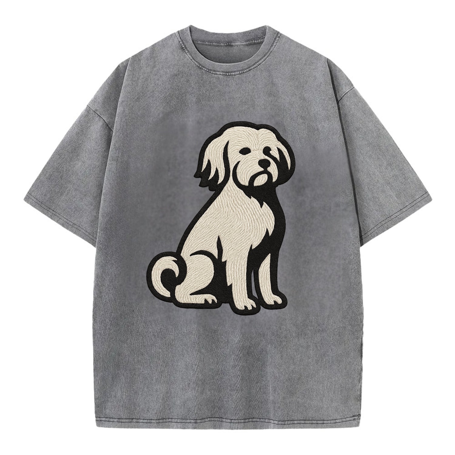 Löwchen - Little Lion Dog white embroide - Vintage T-shirt - Grey