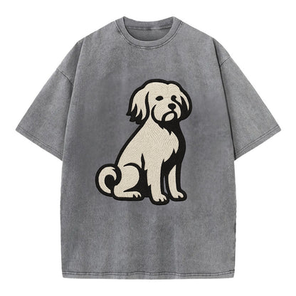 Löwchen - Little Lion Dog white embroide - Vintage T-shirt - Grey