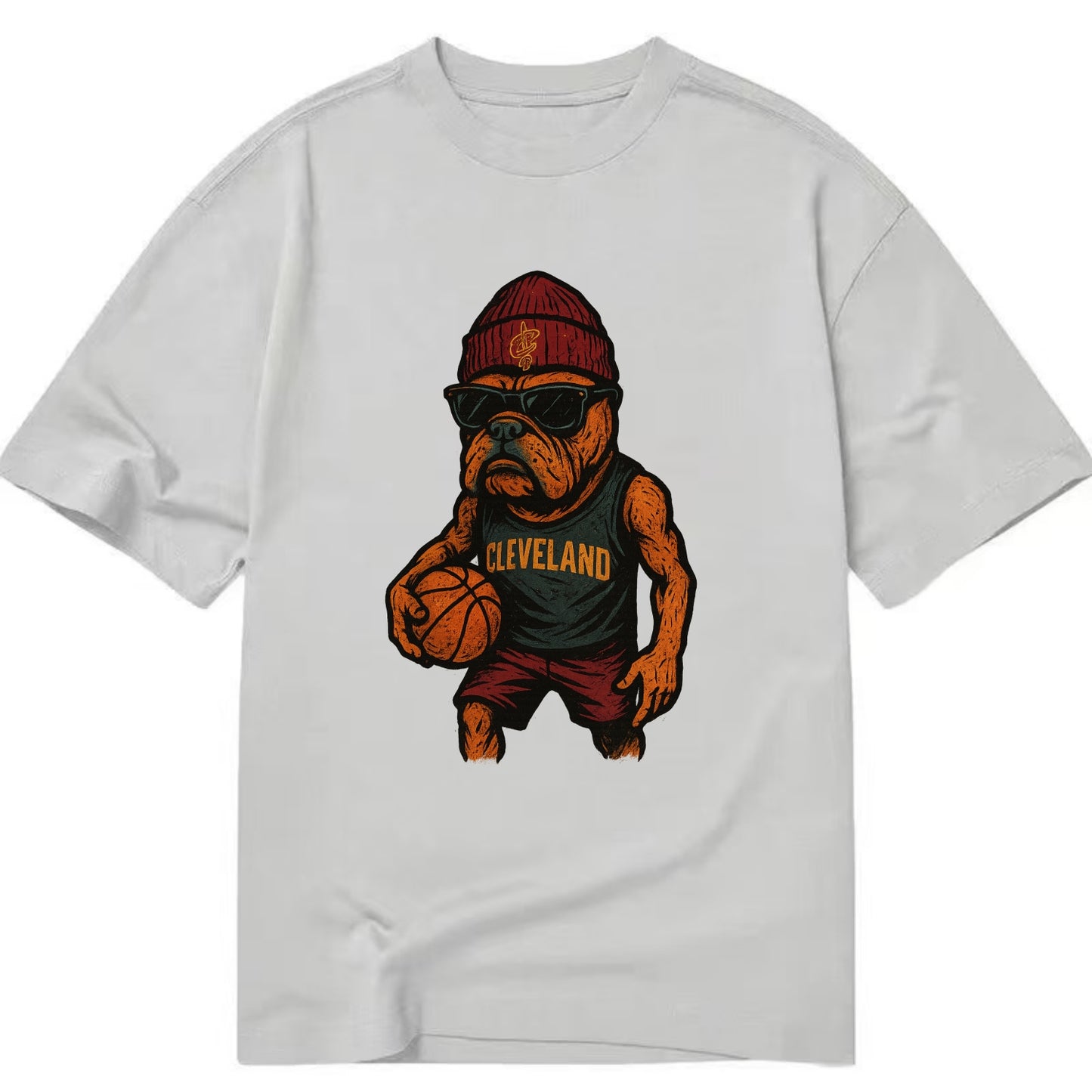 Cleveland Bulldog wearing Cavaliers wine and gold beanie with sword patch and - Classic T-shirt - Grey