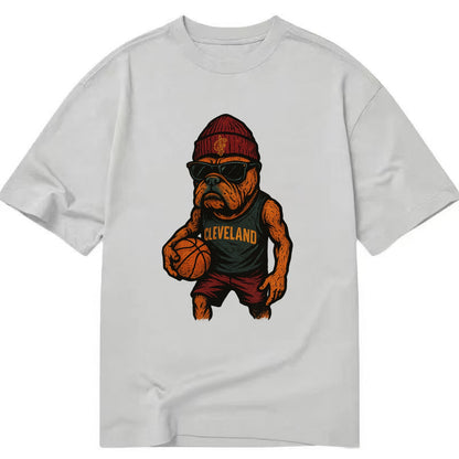 Cleveland Bulldog wearing Cavaliers wine and gold beanie with sword patch and - Classic T-shirt - Grey