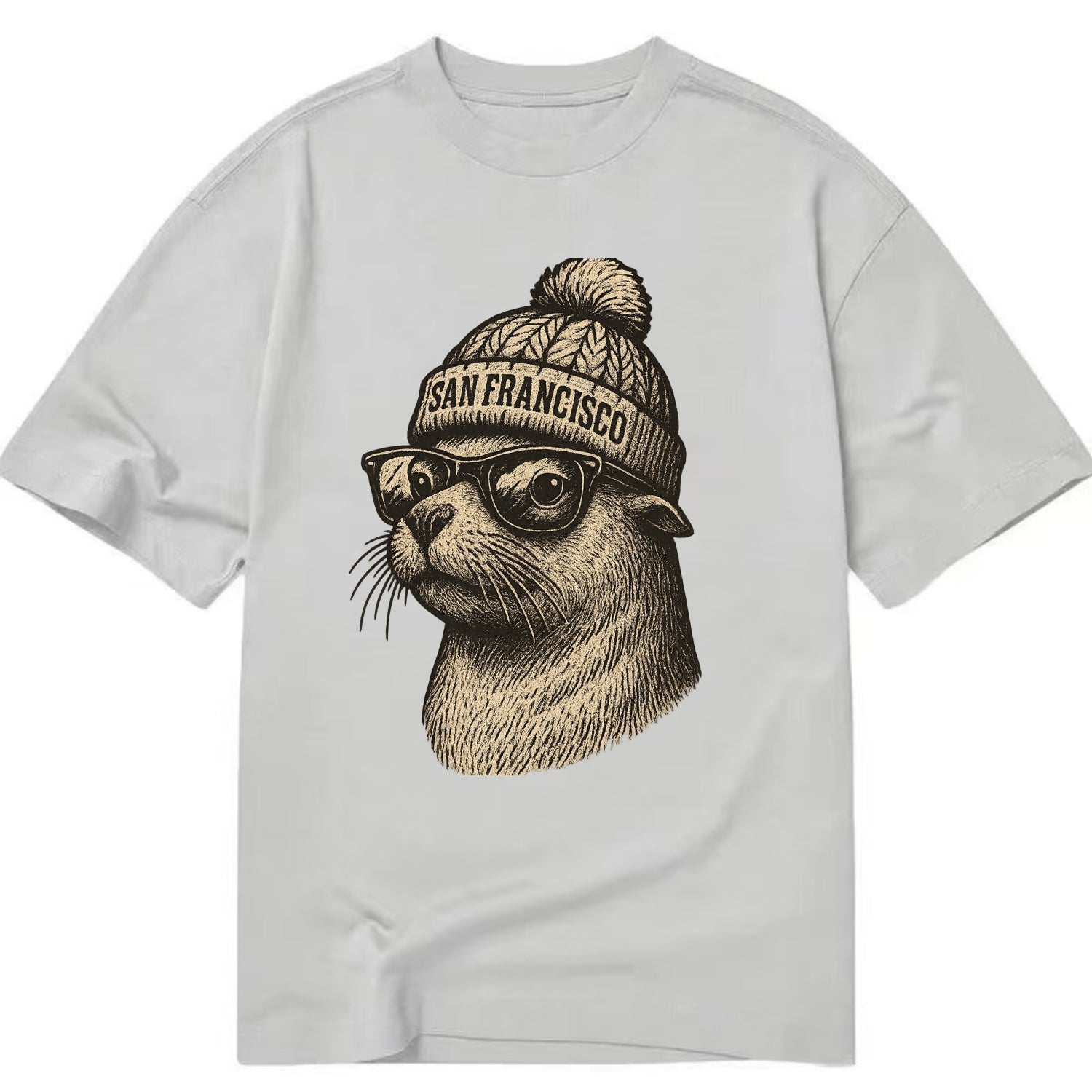 San Francisco Sea Lion wearing San Francisco beanie with pom pom and wayfarer - Classic T-shirt - Grey