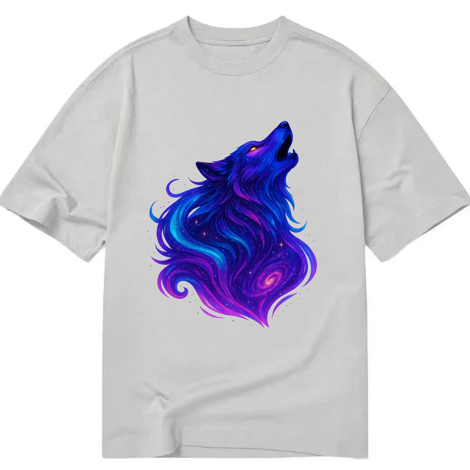 Noble wolf with flowing fur that transforms into aurora borealis streams, cyan - Classic T-shirt - Grey