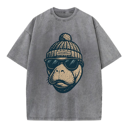 Jacksonville Manatee wearing Jacksonville beanie with pom pom and wayfarer - Vintage T-shirt - Grey