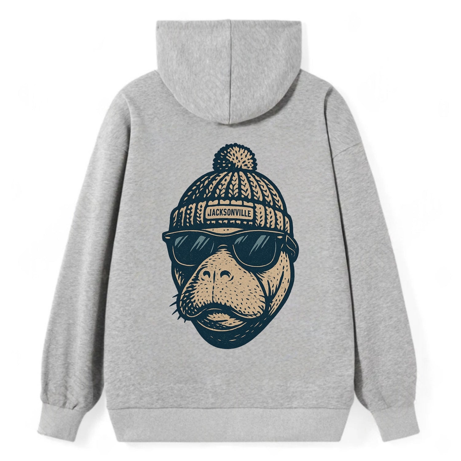 Jacksonville Manatee wearing Jacksonville beanie with pom pom and - Classic Pullover Hoodie - Grey