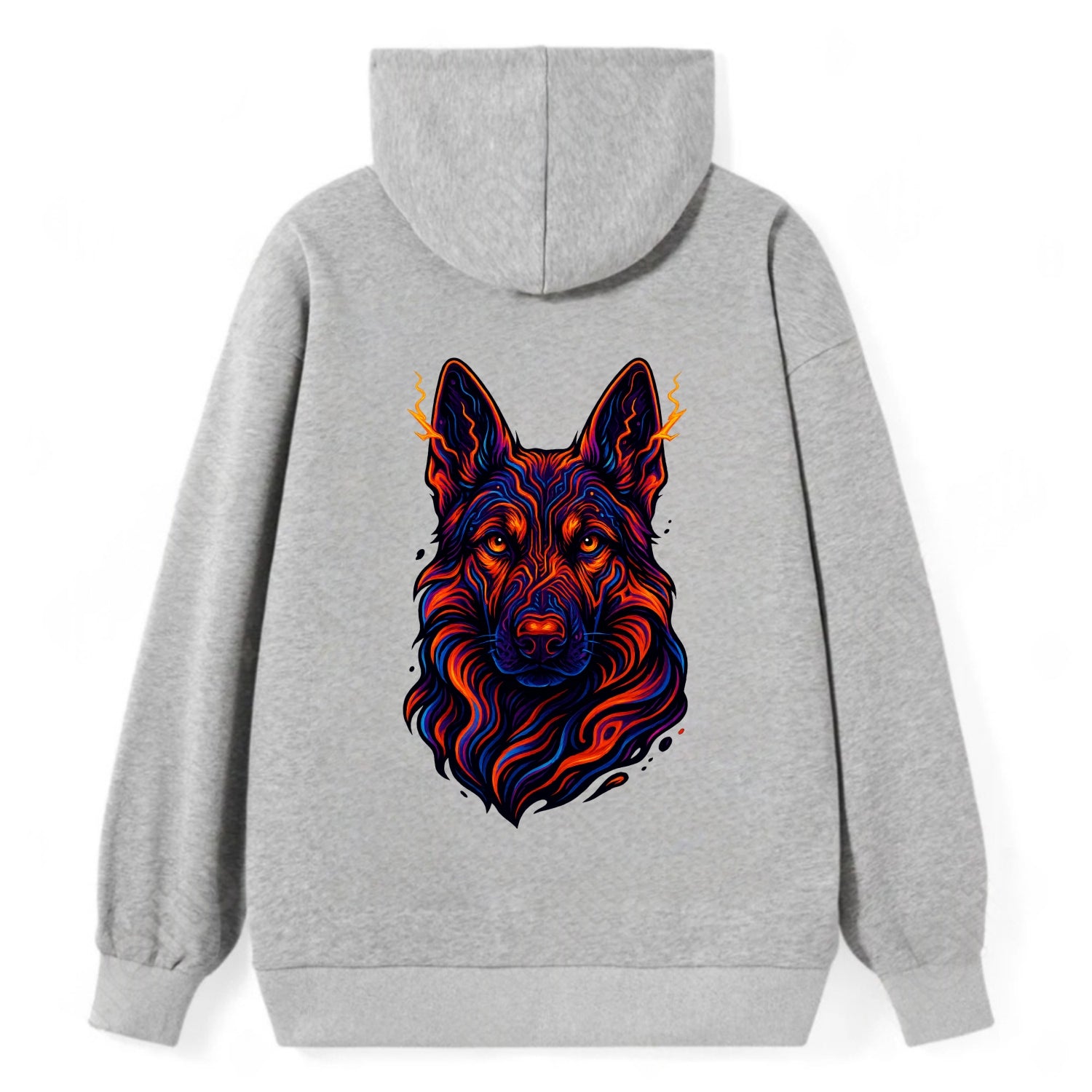Alert German Shepherd with cyber circuit patterns in the fur, neon orange - Classic Pullover Hoodie - Grey